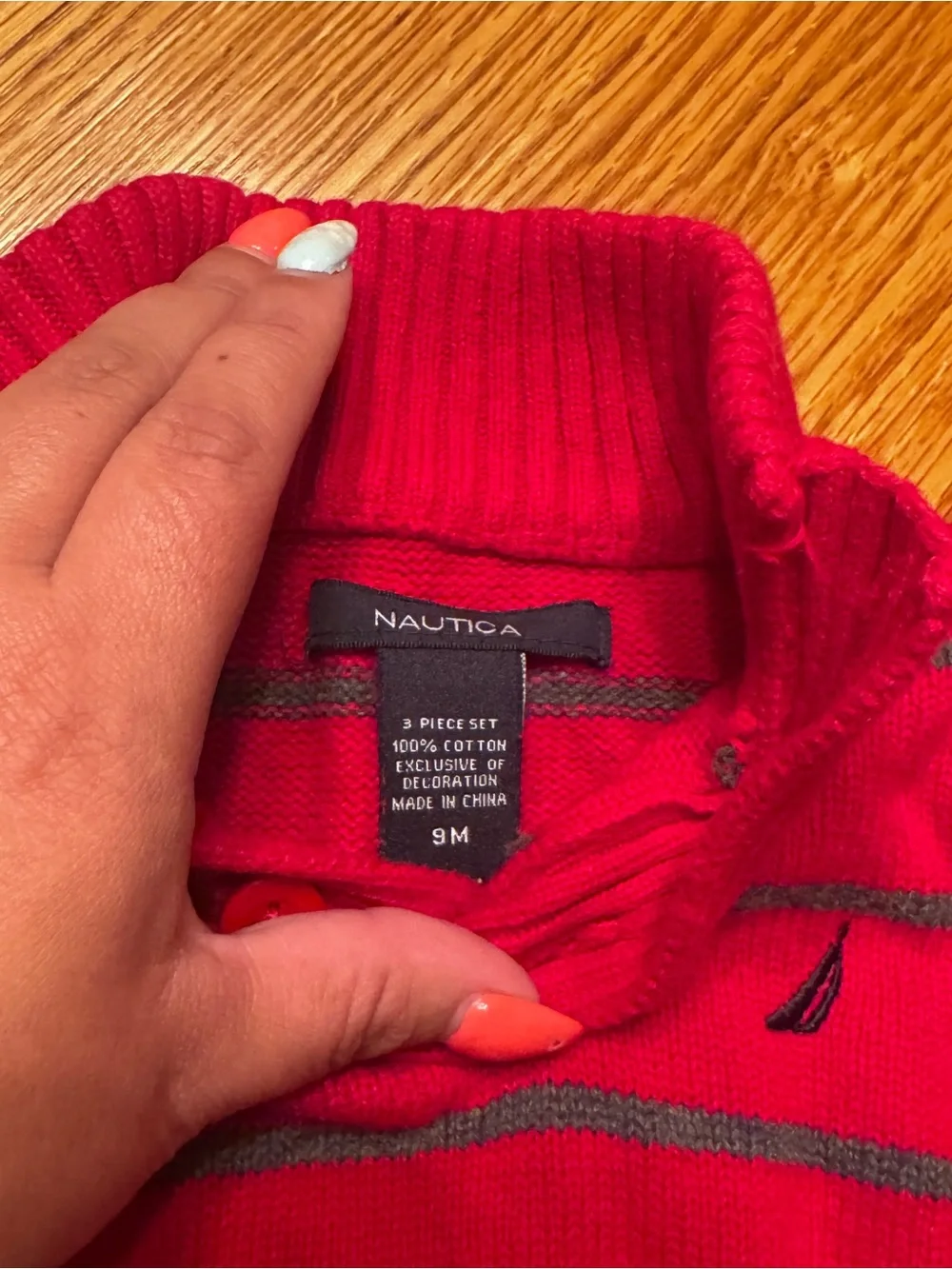 Nautica Red Turtleneck Sweater with Gray Stripes
